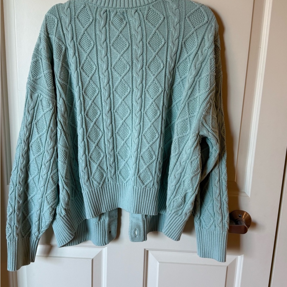 Lands’ End Drifter Cable Knit Cardigan 1X 16W Mint Seafoam Cotton Button Front - Picture 3 of 5